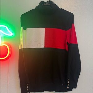 Tommy H. Black Colorblock Turtleneck Sweater with Red and White Panels - Men's
